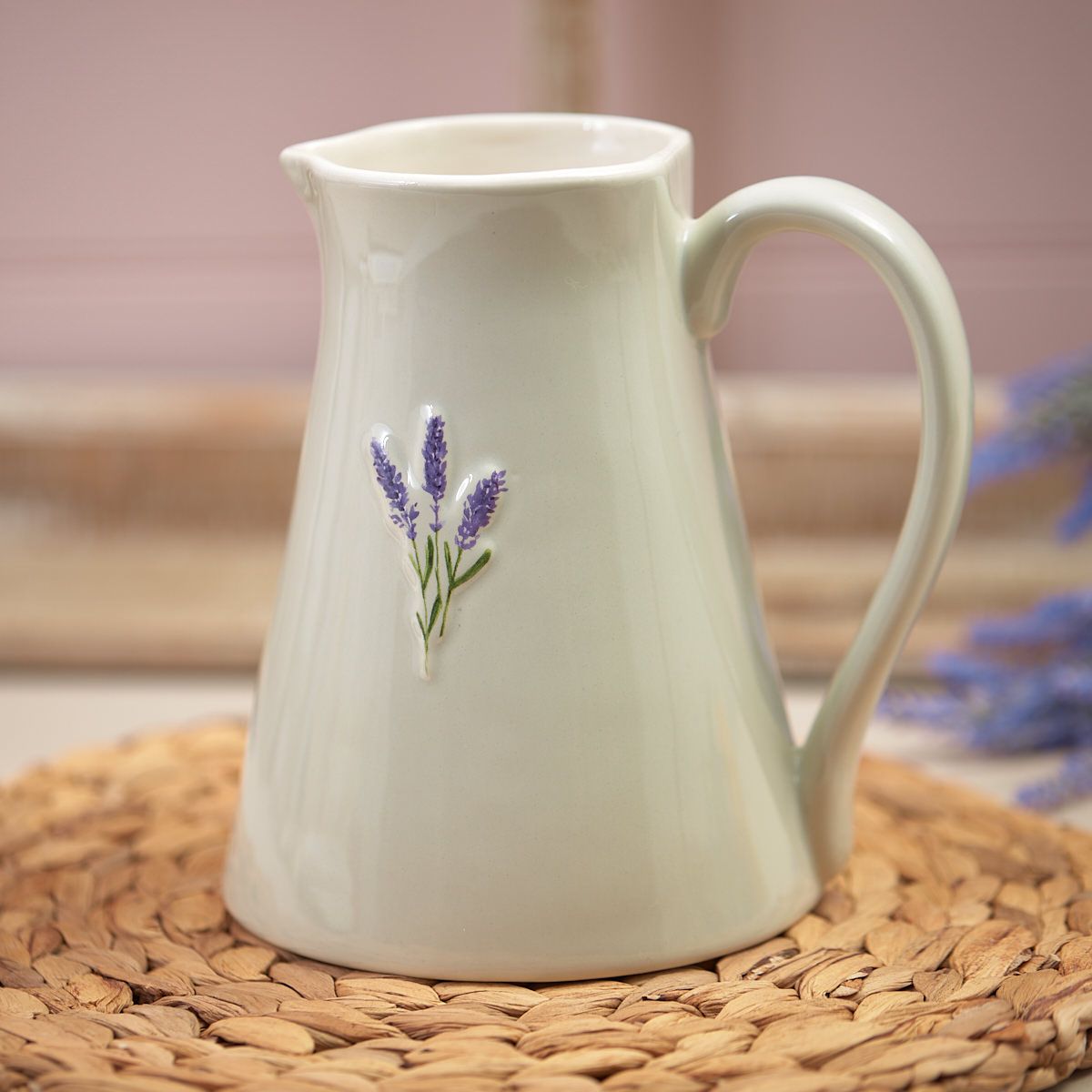 LAVENDER JUG PALE GREY EMBOSSED STONEWARE