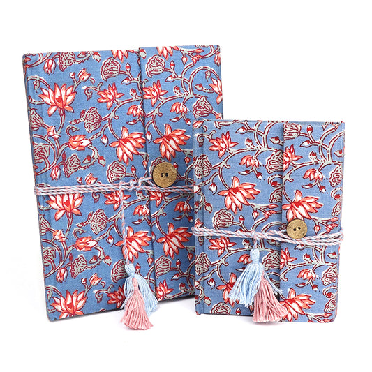 Blue/red floral block printed cotton notebooks set of 2