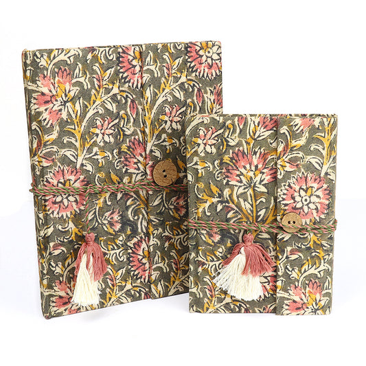 Olive Green floral block printed cotton notebooks set of 2