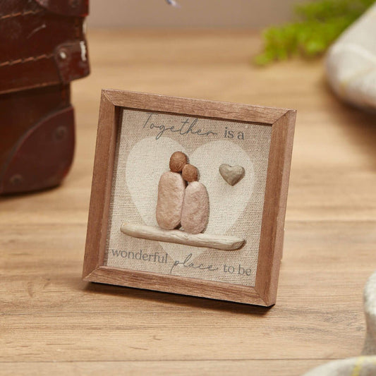 FAMILY TOGETHER FRAMED EASEL PLAQUE WOODEN WITH RESIN PEBBLE COUPLE