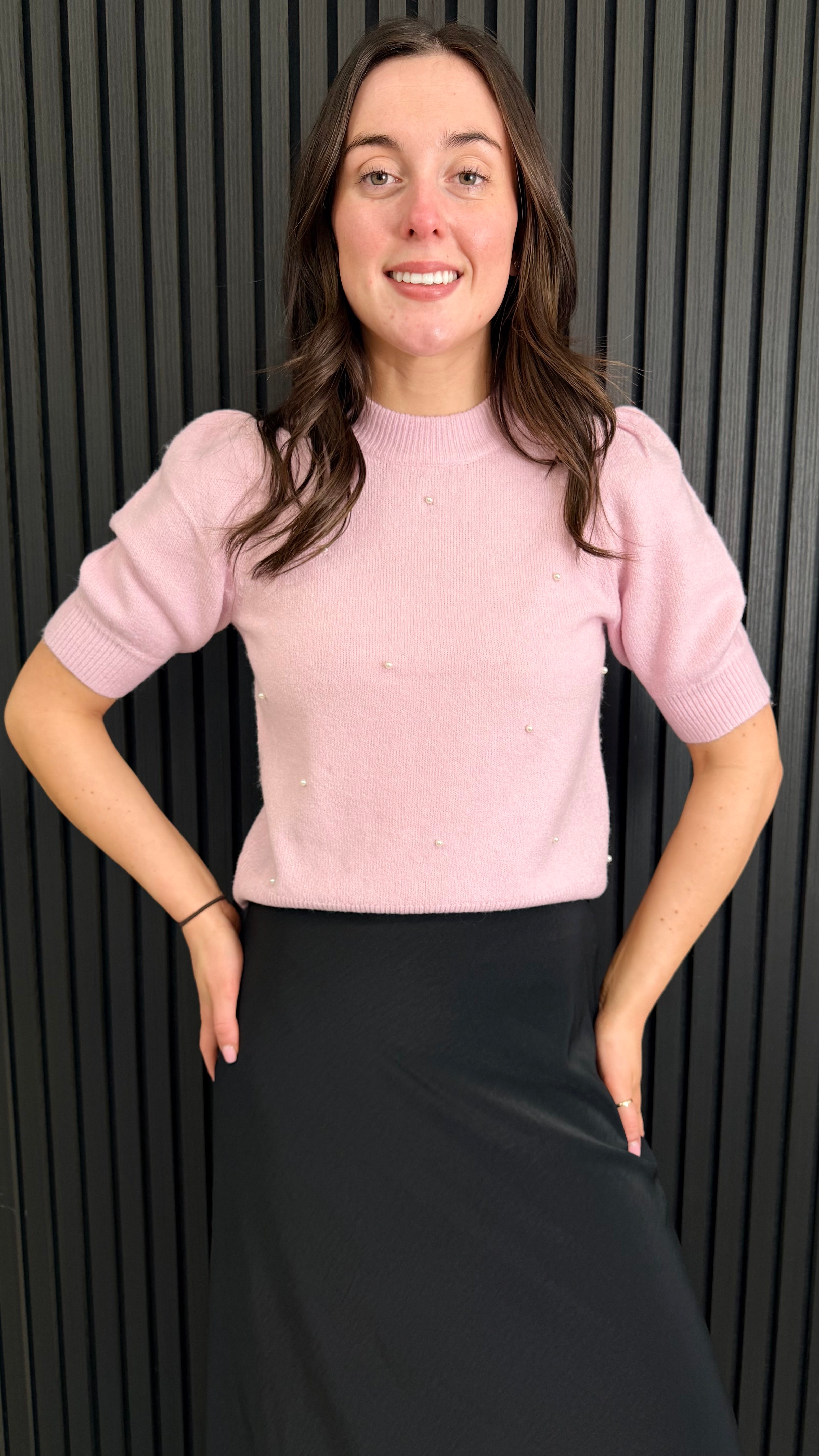 Full length Pearl Detail Knit Top in Pink | Women’s Knitwear