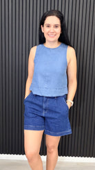 Women’s Charlene blue sleeveless denim peplum top with round neckline