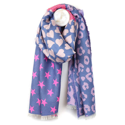 52938 POM Reversible blue and pink star, heart and leopard scarf