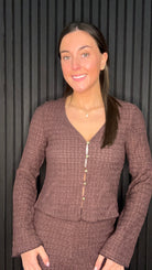 Women’s deep mahogany textured co-ord top with V-neck and button front detail