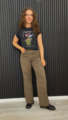 Women’s Madison high waisted wide leg jeans in Otter brown with all-over leopard animal print.