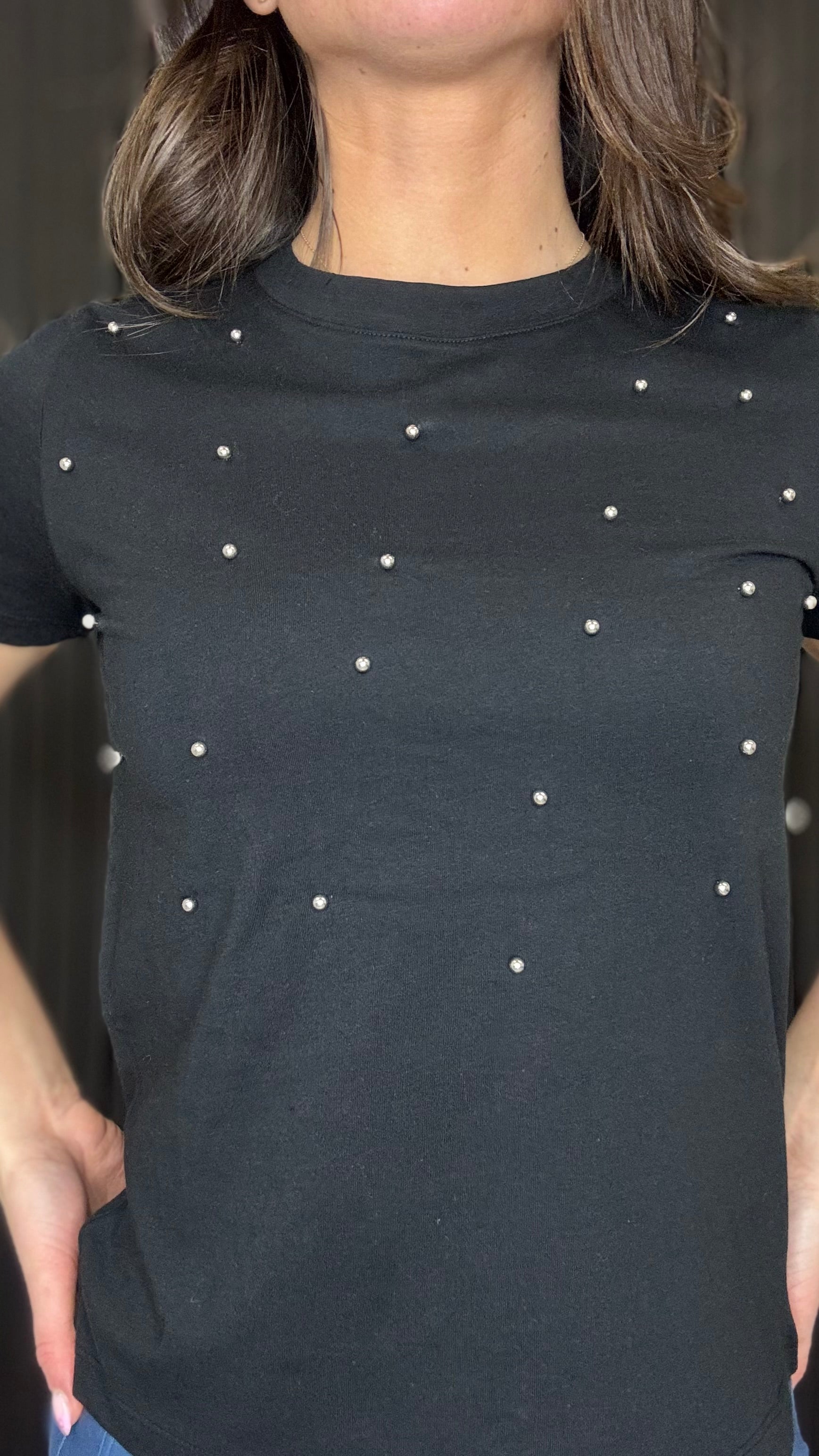Black Hester tee close-up showing stud embellishment detail