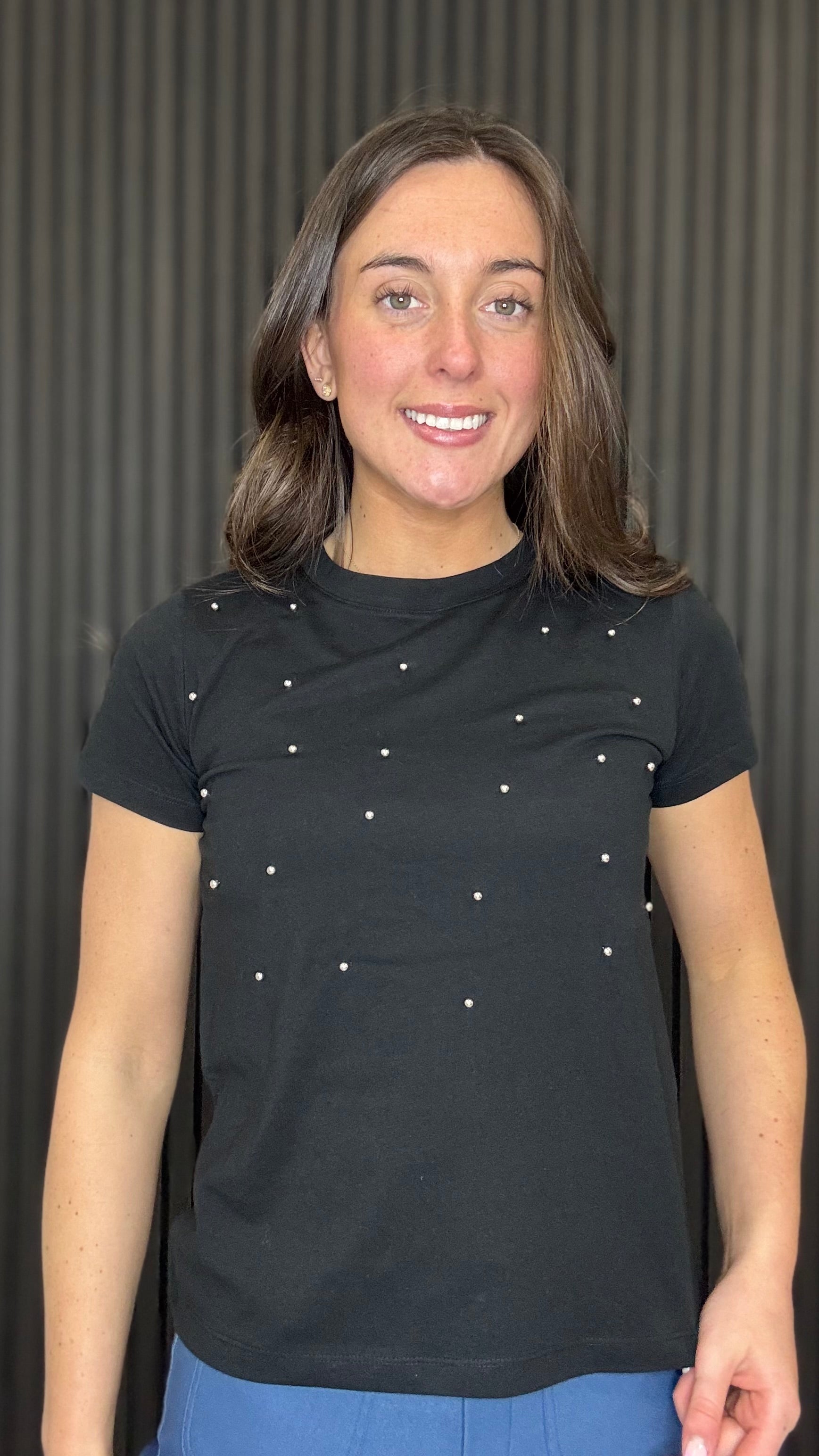 Black Hester tee t-shirt with stud embellishment on model