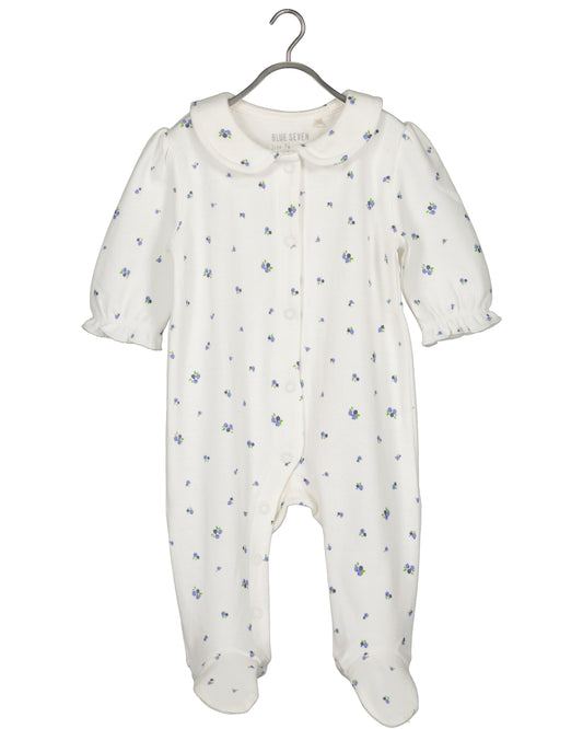 White baby romper blue flowers