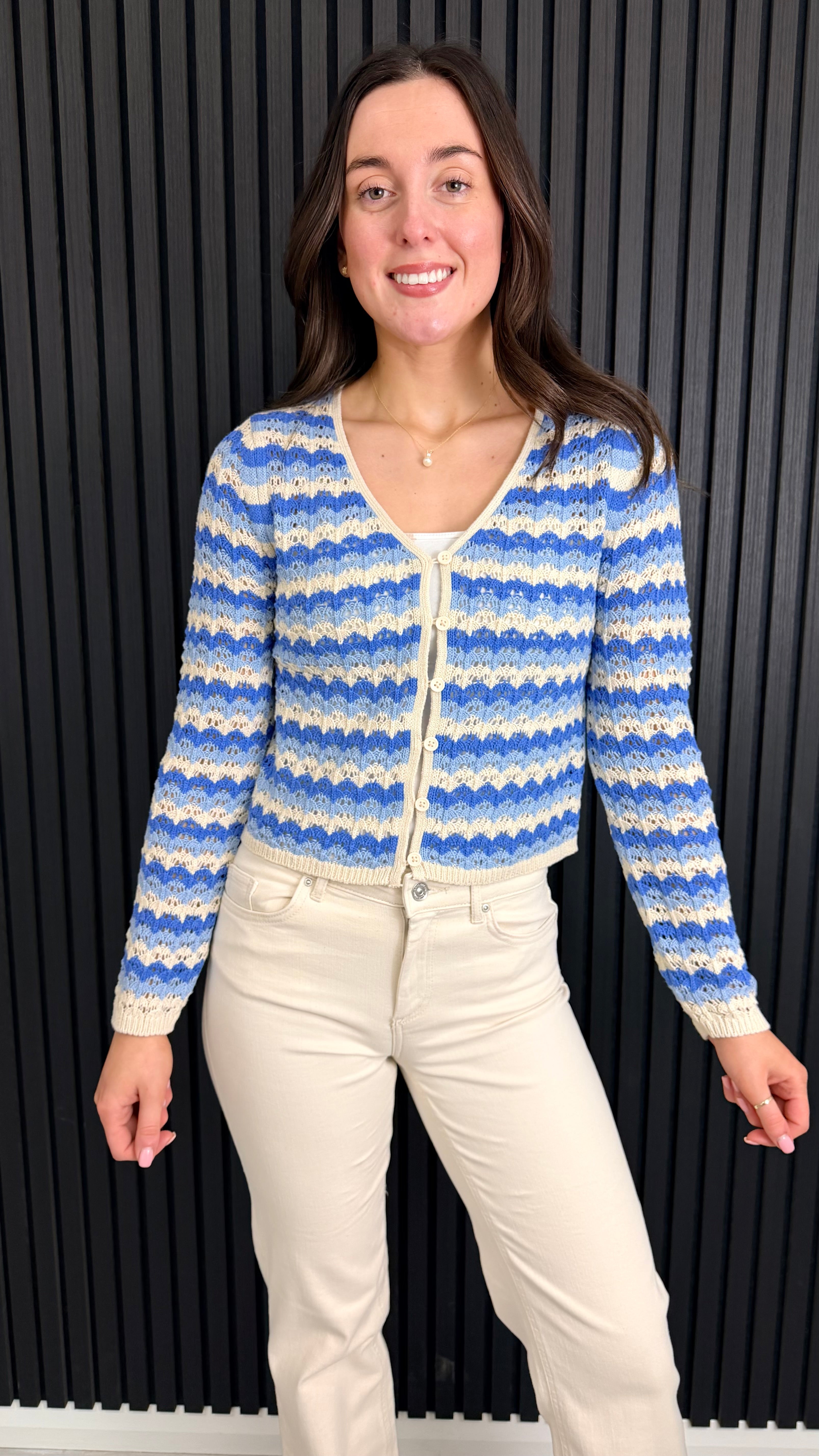 Zigzag Knit Cardigan in Blue & Cream | Women’s Knitwear

