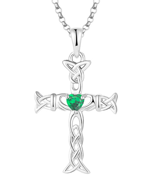 Celtic Claddagh Cross Pendant with Cubic Emerald Zirconia