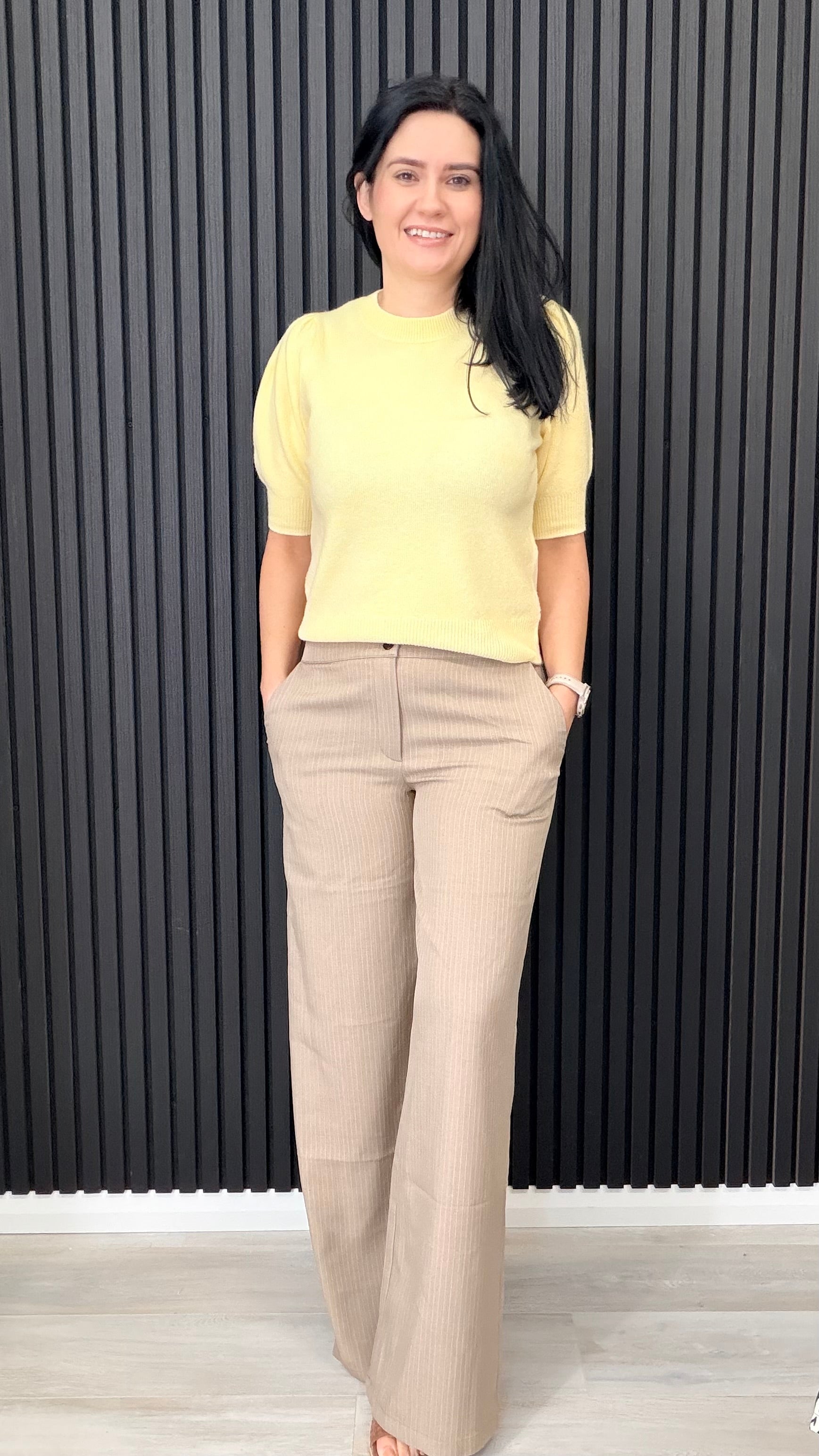 Dora wide leg trousers styled with short sleeve knit