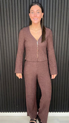 Women’s deep mahogany textured co-ord top with V-neck and button front detail