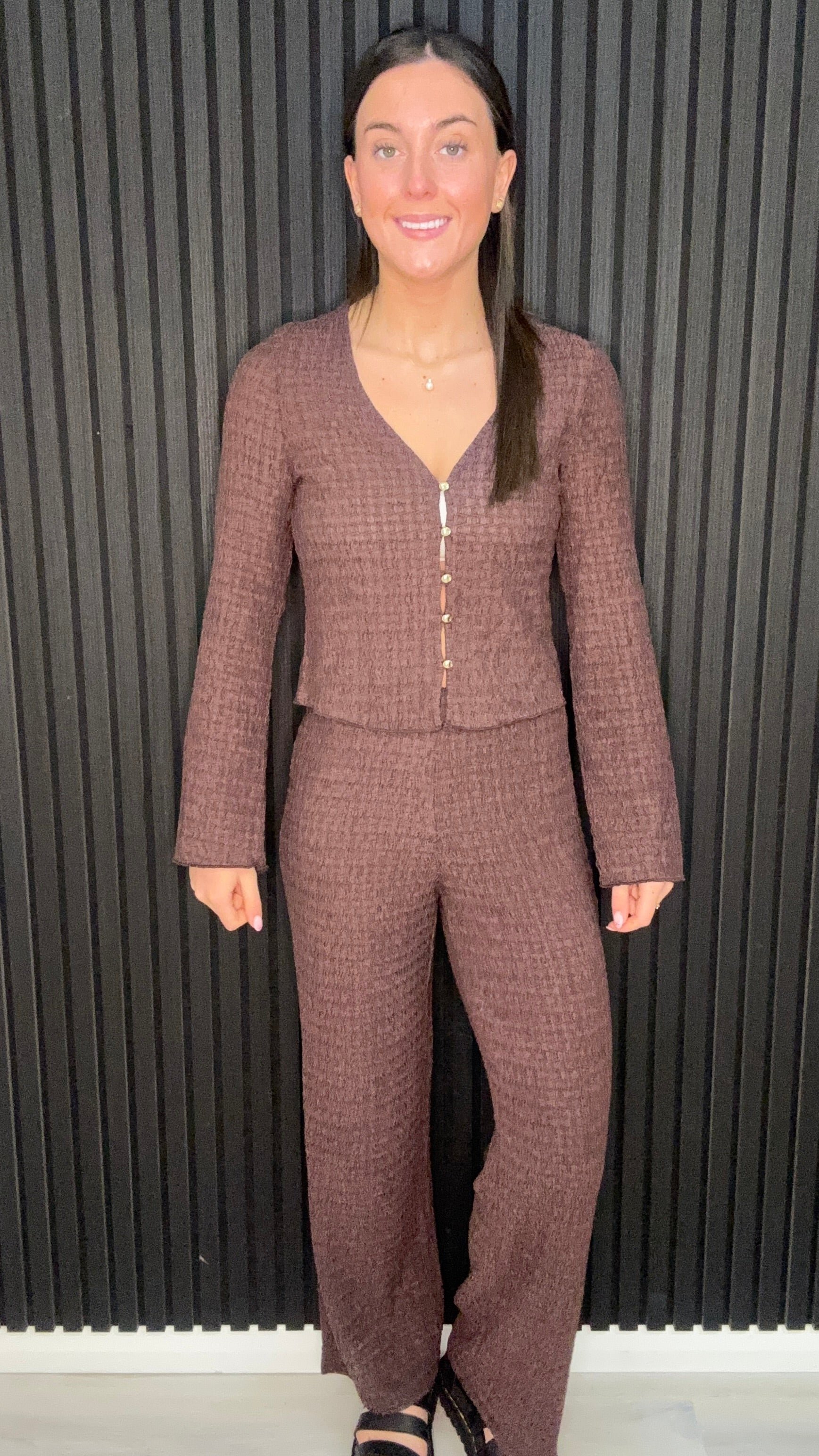 Women’s deep mahogany textured co-ord top with V-neck and button front detail