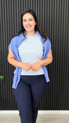Sally striped short sleeve t-shirt in blue styled with navy trousers
