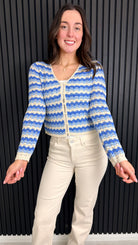 Close up zigzag Knit Cardigan in Blue & Cream | Women’s Knitwear
