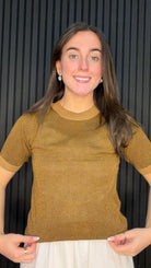 Bernie Contrast Glitter Knit Top in Nuthatch with glitter trim at the neckline and sleeve cuffs.