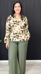 Millie printed long sleeve shirt in green and neutral tones