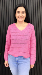 Pamela lightweight flat knit jumper with open stitch detail in pink