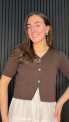 Astra Structured Cardigan in Coffee Bean with statement buttons.