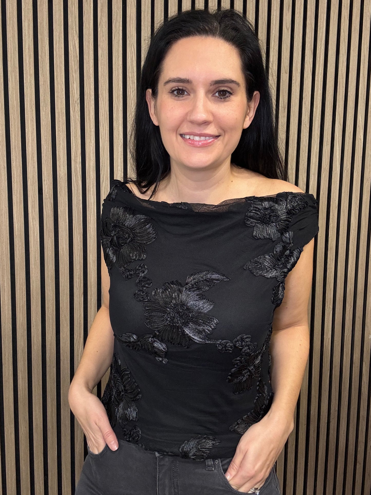 Aoife off should black floral top