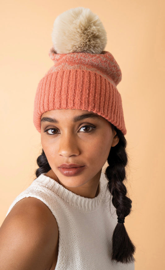 Thora Bobble Hat - Coral & Taupe