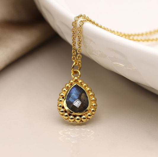 G0039 14K Gold plated faceted labradorite teardrop necklace