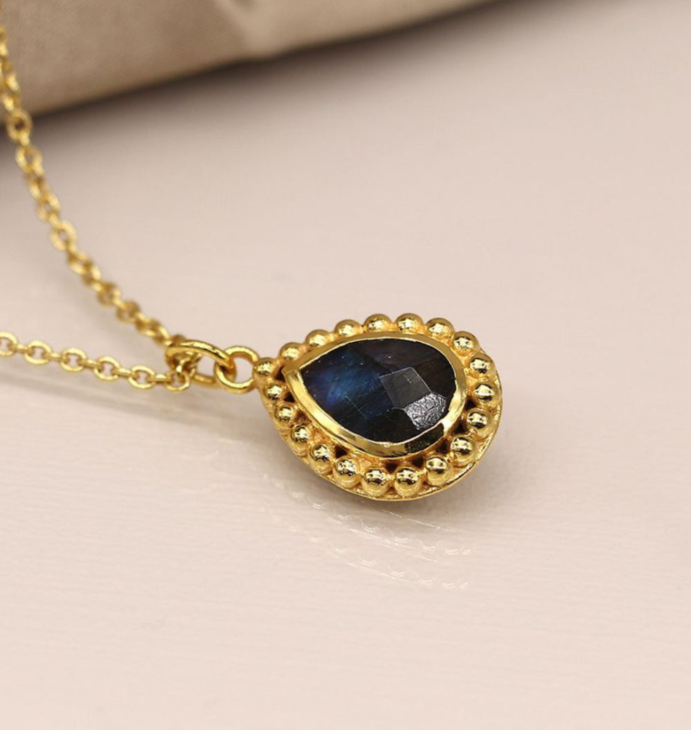 G0039 14K Gold plated faceted labradorite teardrop necklace