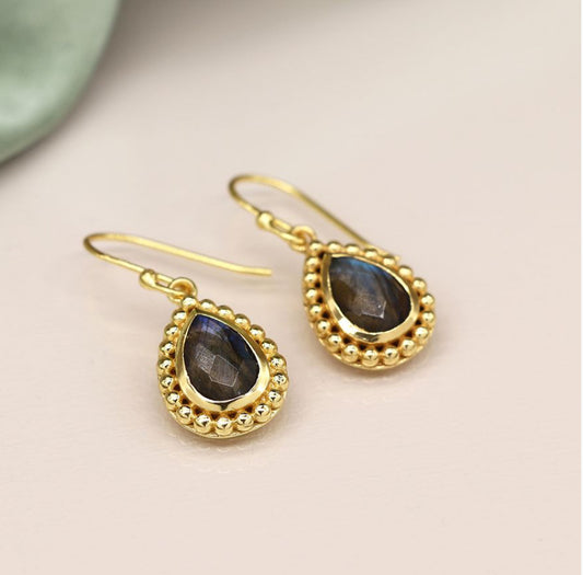 G0040 14K Gold plated faceted labradorite teardrop earrings