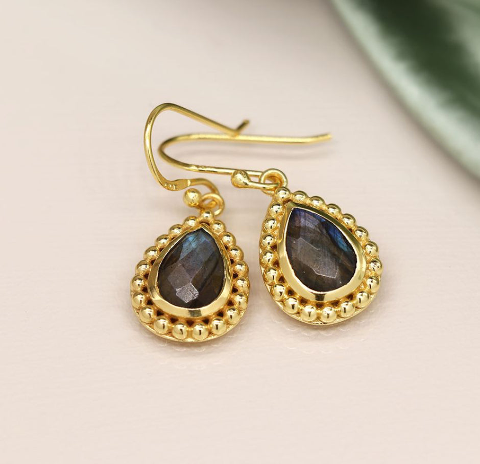 G0040 14K Gold plated faceted labradorite teardrop earrings