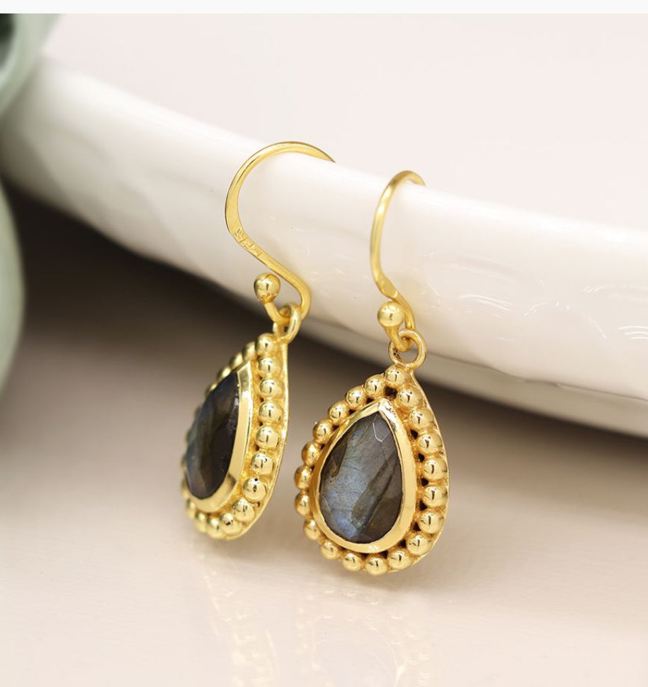 G0040 14K Gold plated faceted labradorite teardrop earrings