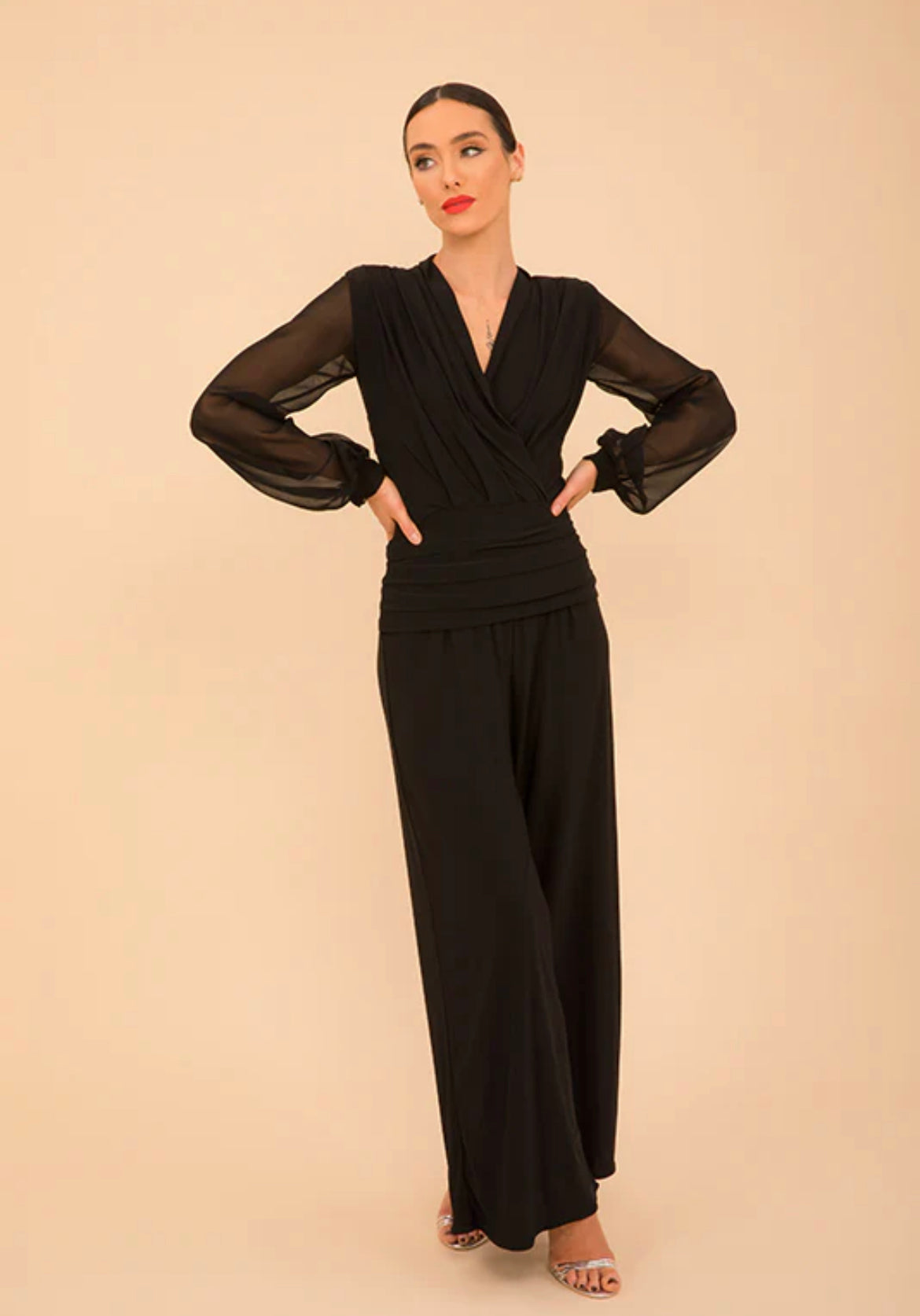 ATOM LABEL uranium jumpsuit in black with chiffon sleeve