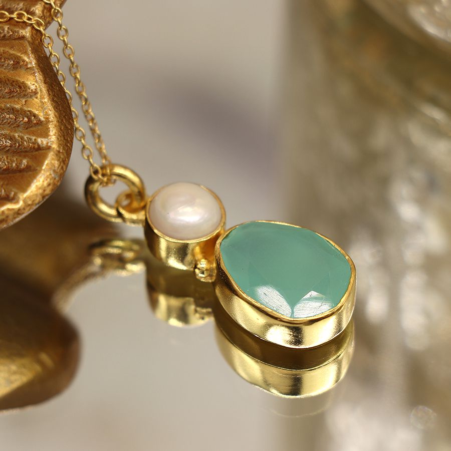 Gold plated pearl and aqua chalcedony necklace