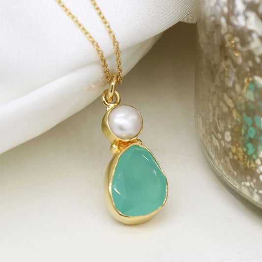 Gold plated pearl and aqua chalcedony necklace