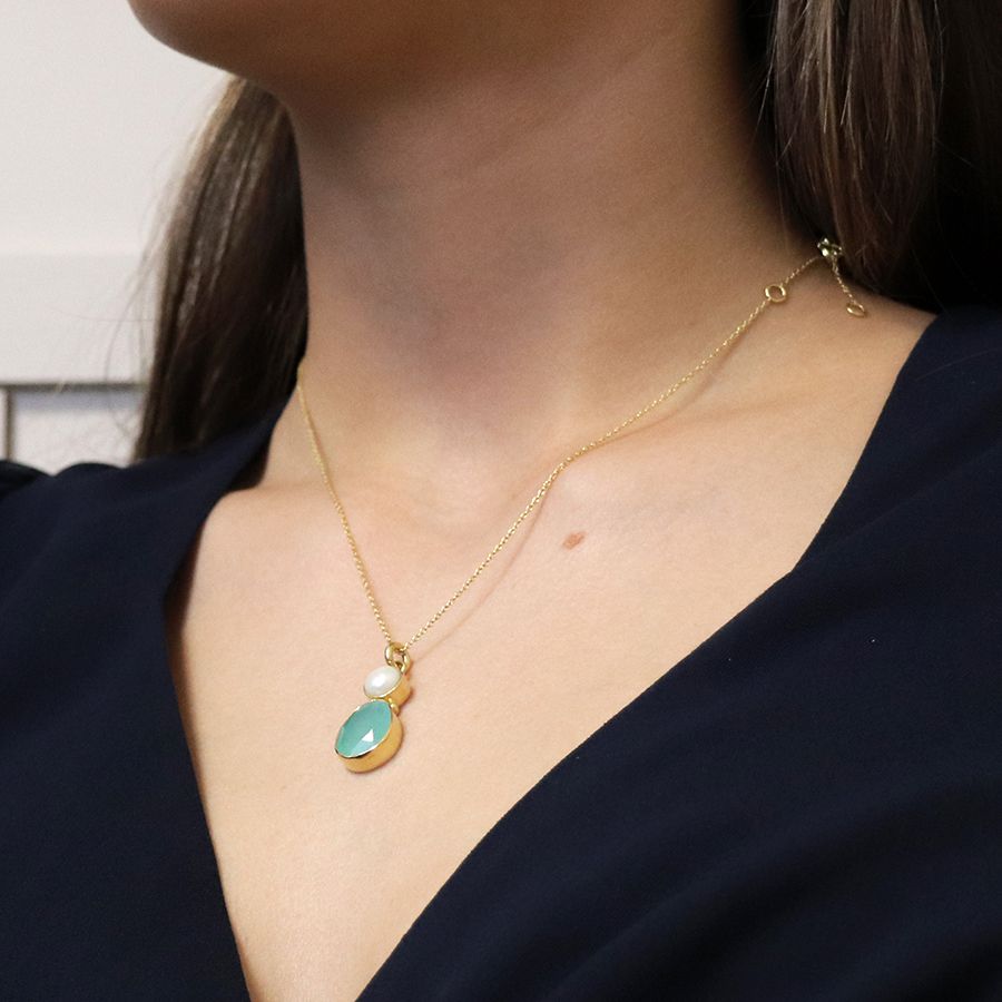 Gold plated pearl and aqua chalcedony necklace