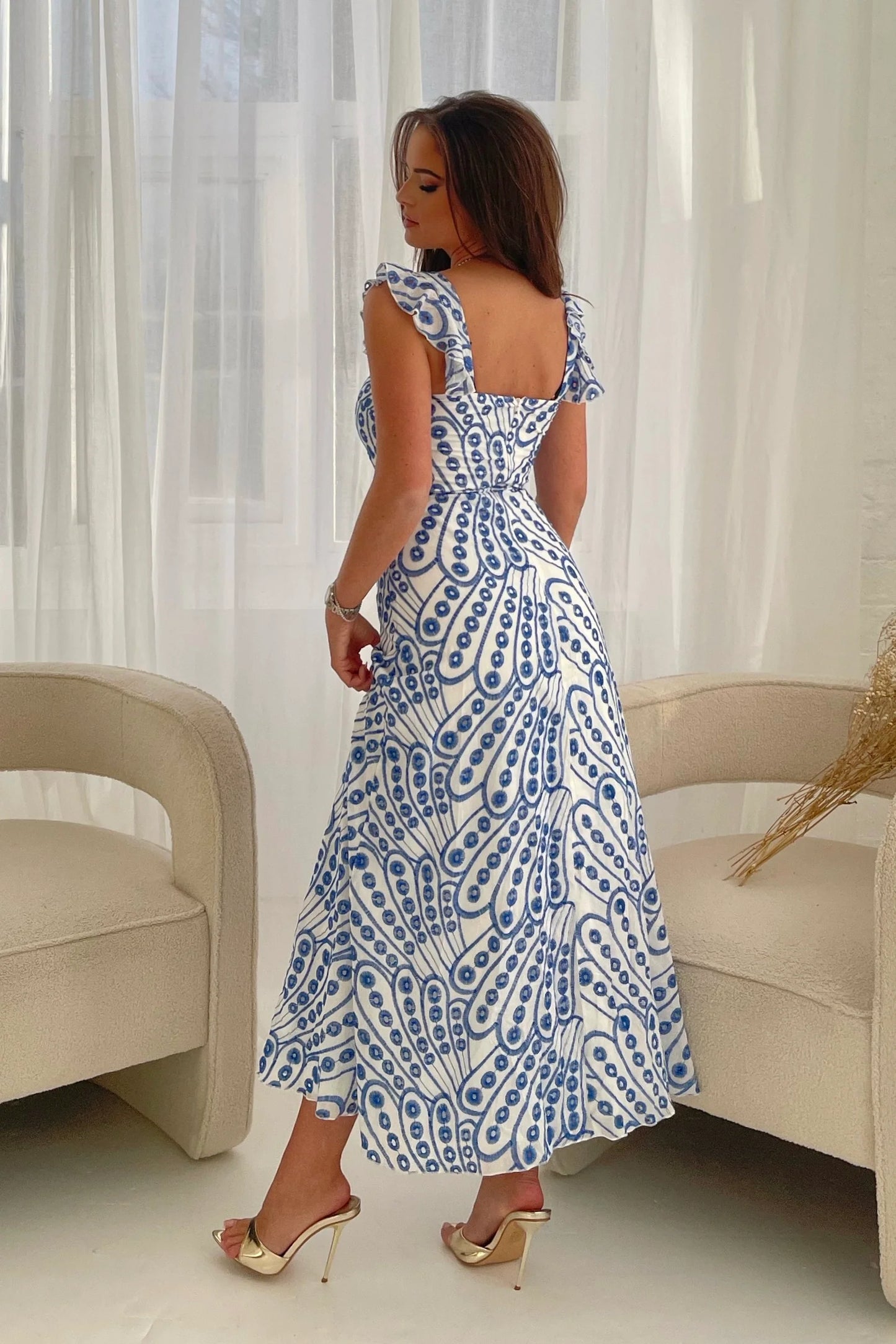 Orla Blue Broderie Anglaise Maxi Dress