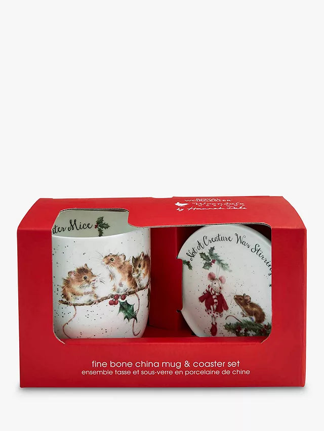 Wrendale Designs Winter Mice Mug & Coaster Fine Bone China Gift Set, 310ml