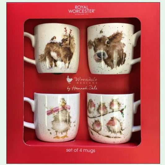 Royal Worcester Wrendale Designs - Christmas Mugs - Animal Gift Set of 4 Mugs