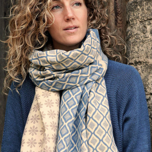 52580 Blue and beige mix jacquard tile print scarf