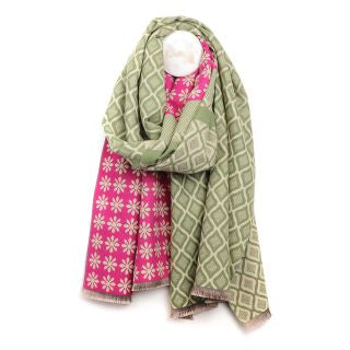 52585 Pink and green mix jacquard tile print scarf