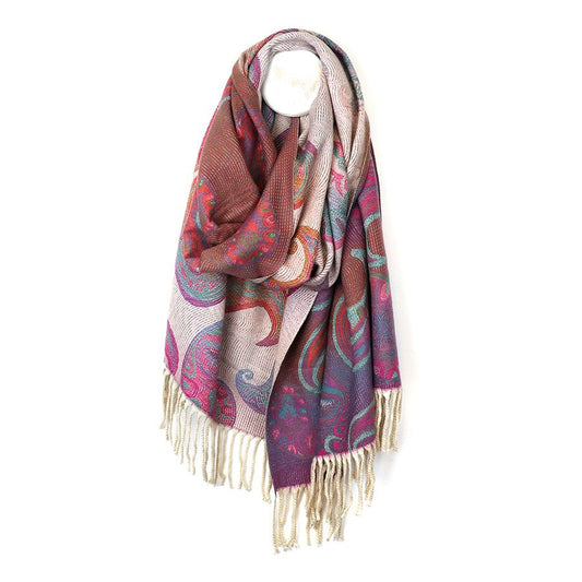 52589 Purple mix reversible jacquard paisley fringed scarf