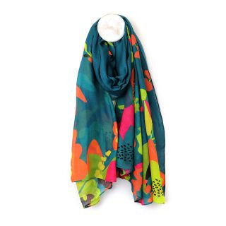 52633 Teal blue recycled scarf with tropical print edge