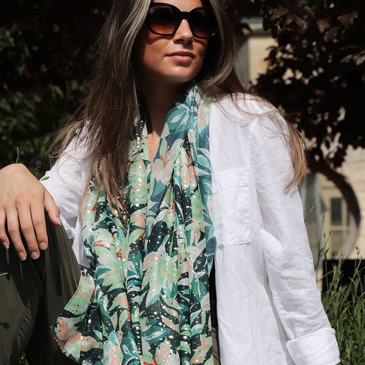 52635 Green mix recycled lily print and metallic scarf