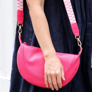 81482 Pink Vegan Leather half moon bag with zig-zag strap