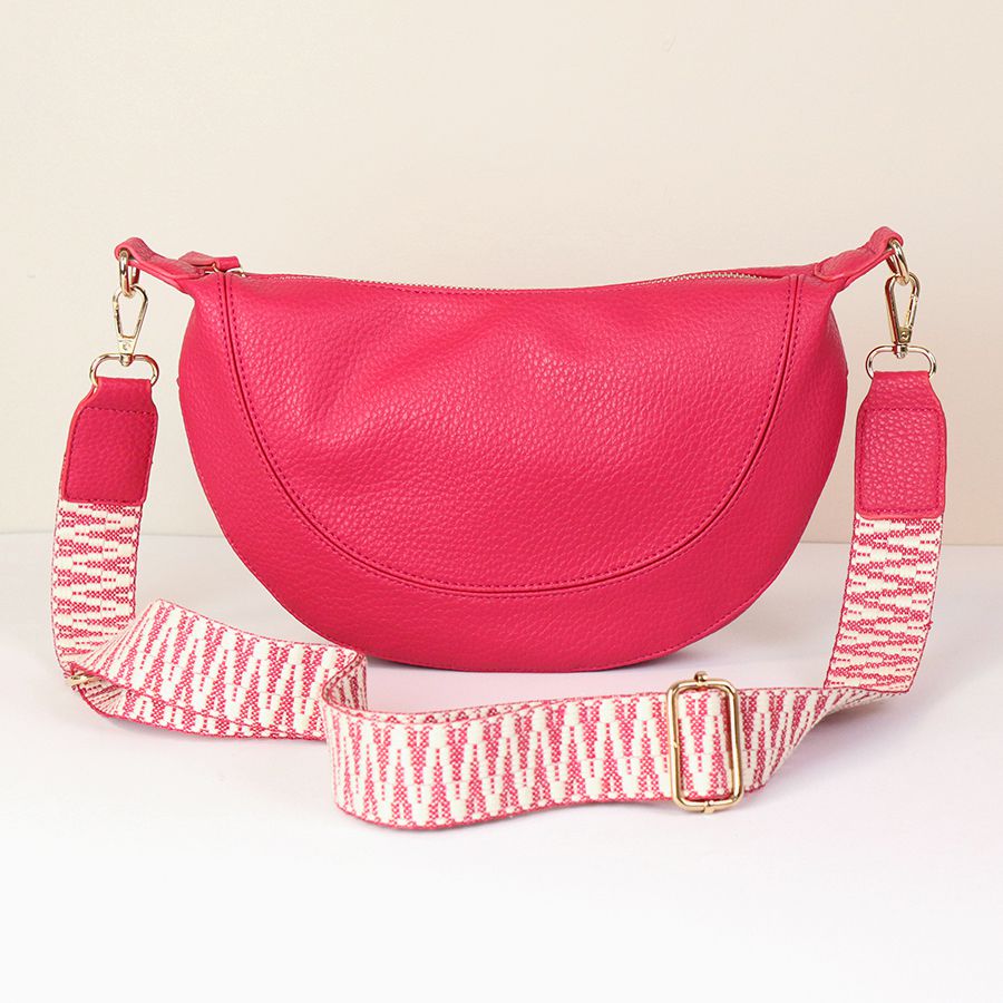81482 Pink Vegan Leather half moon bag with zig-zag strap