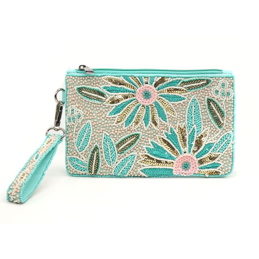 81453 Turquoise beaded floral holiday purse