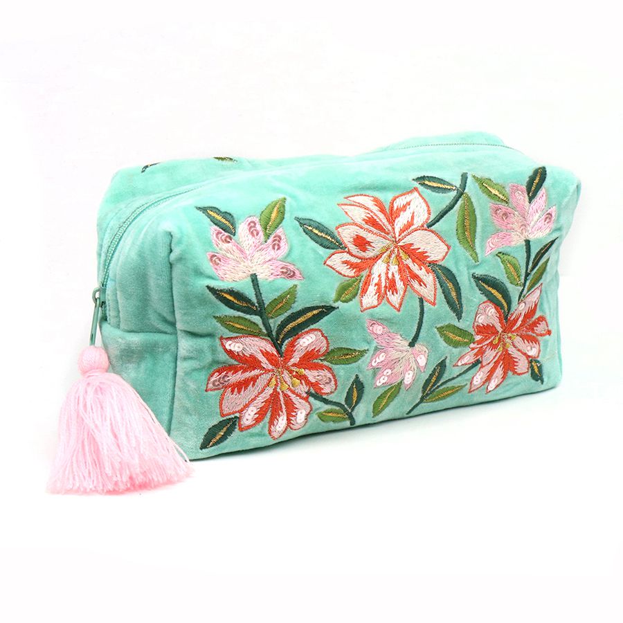 81461 Turquoise velvet embroidered lily make-up bag