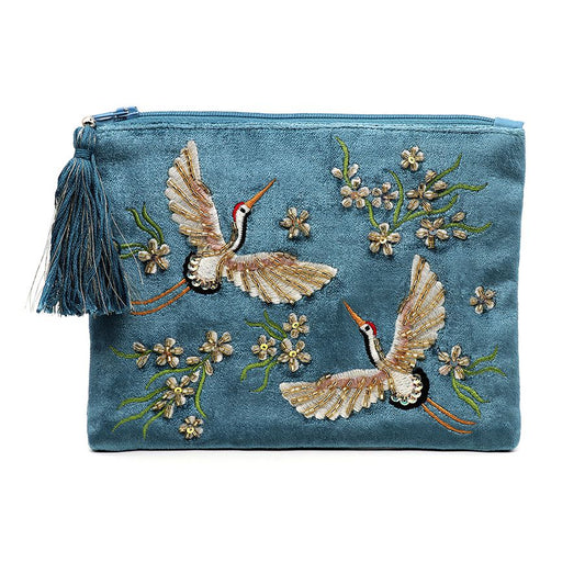 81444 Blue velvet embroidered crane purse