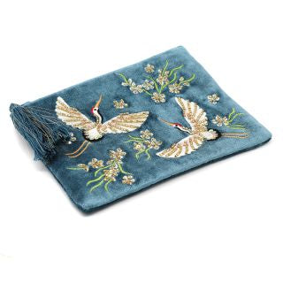 81444 Blue velvet embroidered crane purse