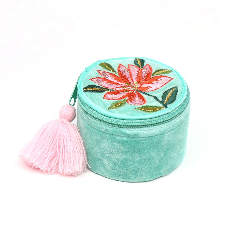 81462 Turquoise velvet embroidered lily trinket box