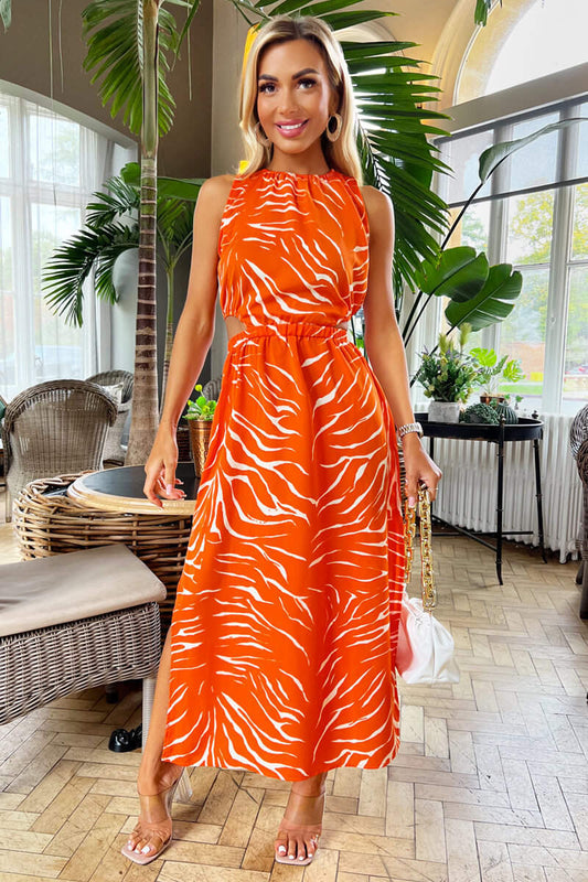 DA1723 Blood Orange Printed Cut Out Midi Dress